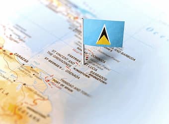 Map of St. Lucia island in the Caribbean showing 238 square miles area, 27 miles long and 14 miles wide.